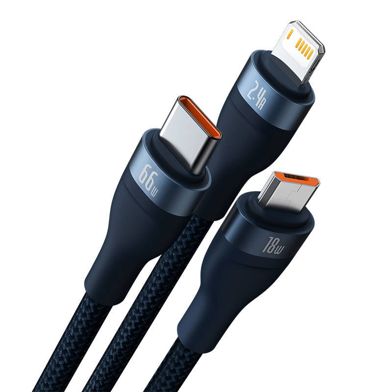 3in1 USB-kabel Baseus USB 3in1 Baseus Flash-serie, USB-C + Micro + Lightning 66W, 1,2 m (blå)