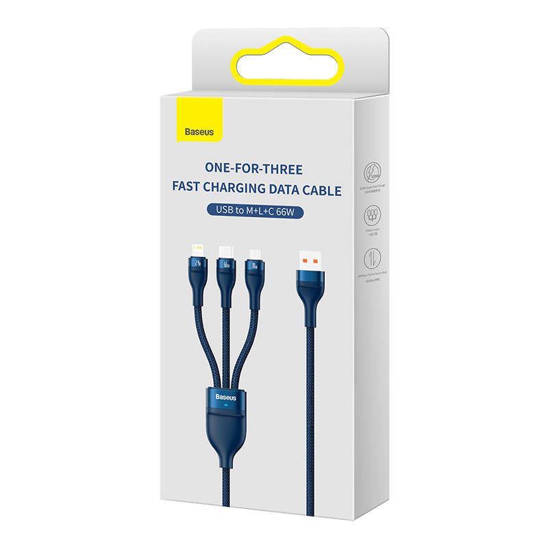 3in1 USB-kabel Baseus USB 3in1 Baseus Flash-serie, USB-C + Micro + Lightning 66W, 1,2 m (blå)