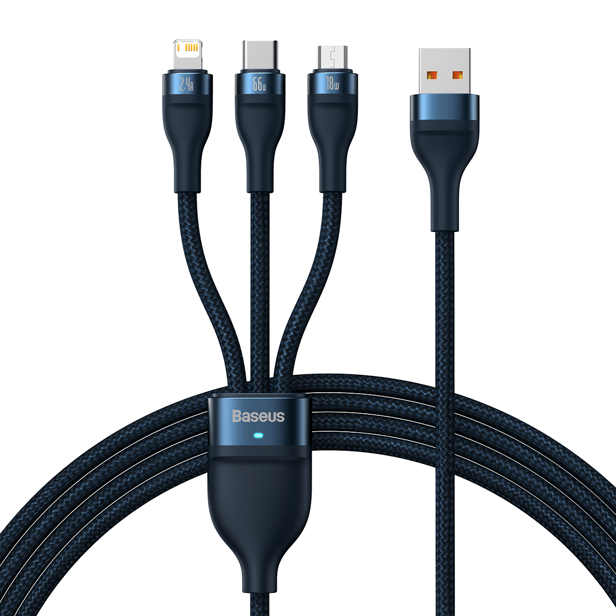 3in1 USB-kabel Baseus USB 3in1 Baseus Flash-serie, USB-C + Micro + Lightning 66W, 1,2 m (blå)