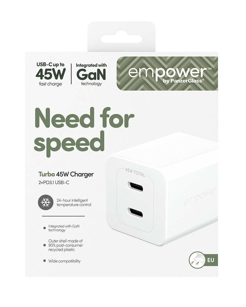 PanzerGlass empower™ by ® Turbo 45W Oplader inkl. 2 x USB-C | EU Stik | Silver White