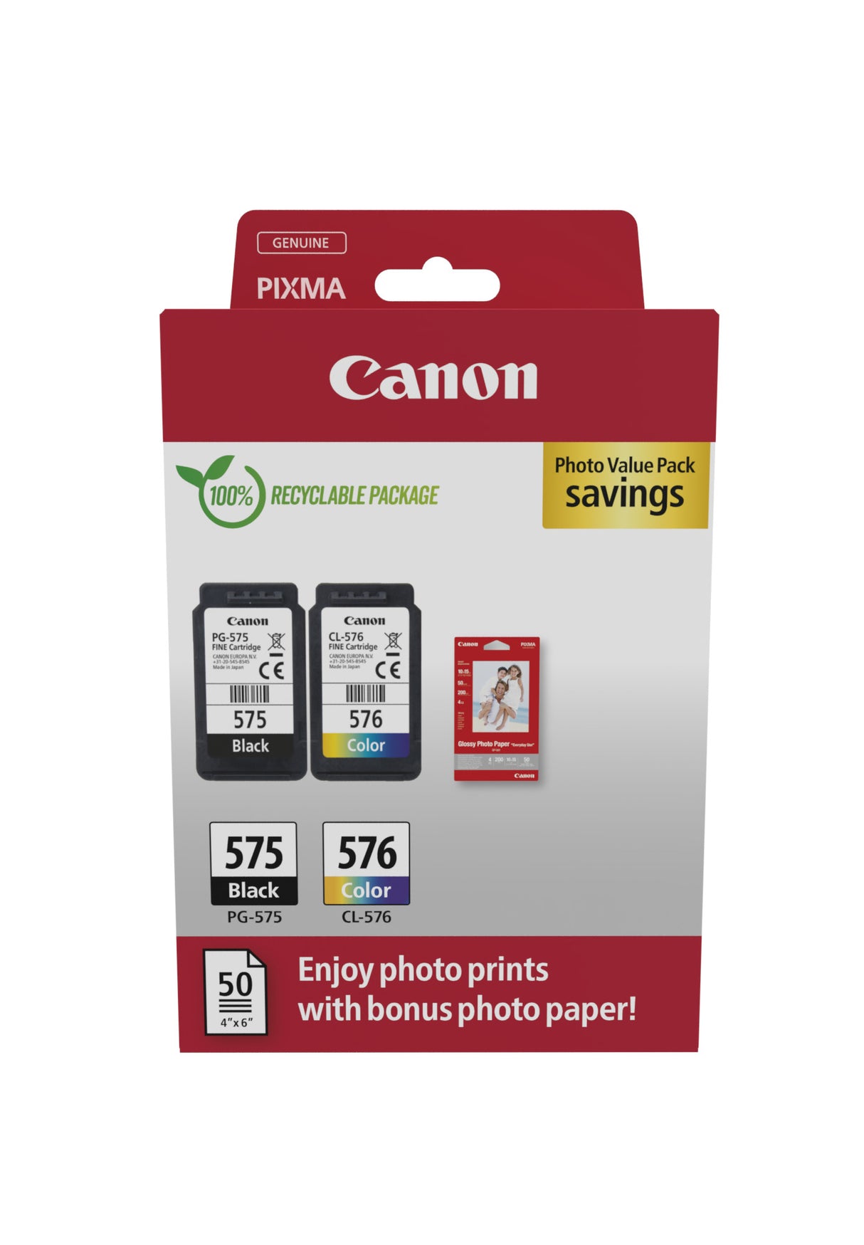 Canon PG-575/CL-576 Photo Paper Value Pack Sort Farve (cyan, magenta, gul) Blækpatron/papirsæt