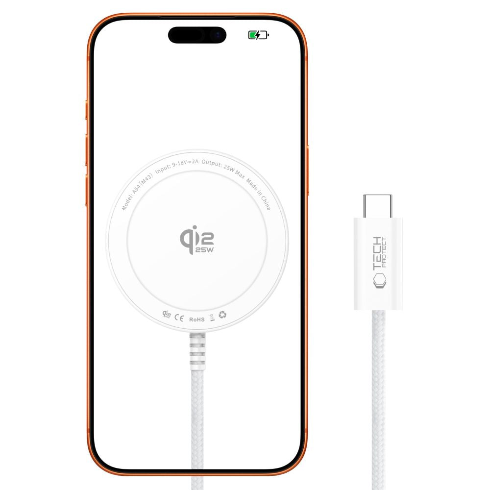 Tech Protect A54 Magnetisk Magsafe Trådløs Opladder 25 W Qi2.2 Hvid