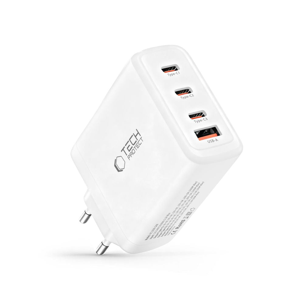 Tech Protect Nc120 W Gan 4 Port Netværksopladder Pd 120 W / Qc3.0 Hvid