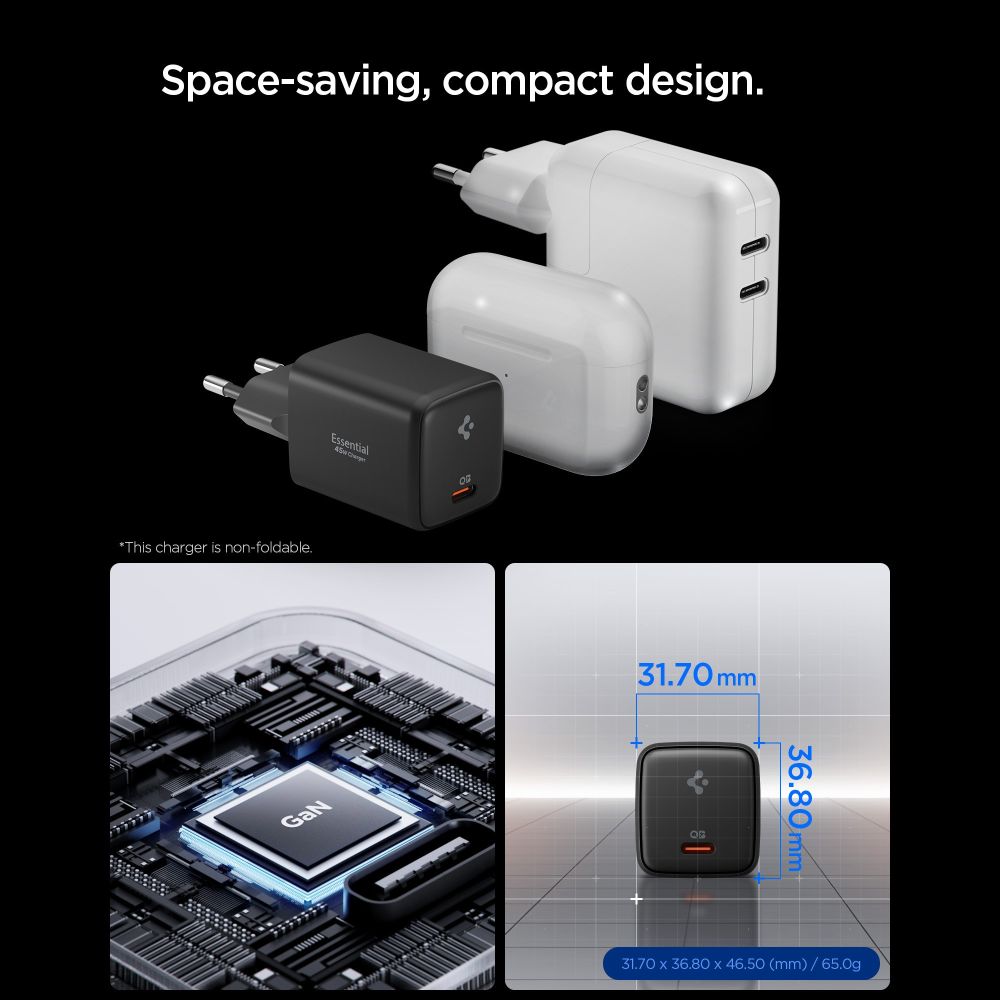 Spigen Ee451 Eu Gan Essential 1 Port Netværksopladder 45 W + Usb C Kabel Sort