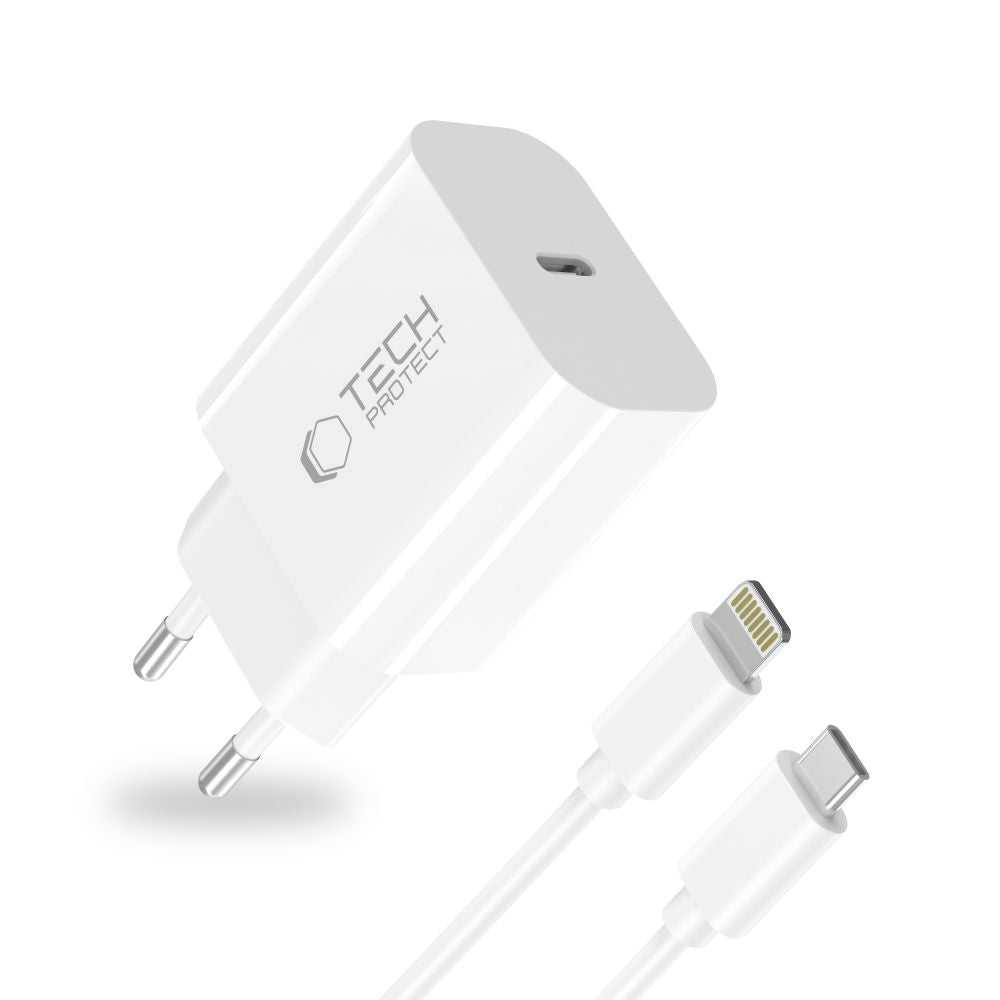 Tech Protect Nc20 W 1 Port Netværksopladder Pd 20 W + Lightning Kabel Hvid