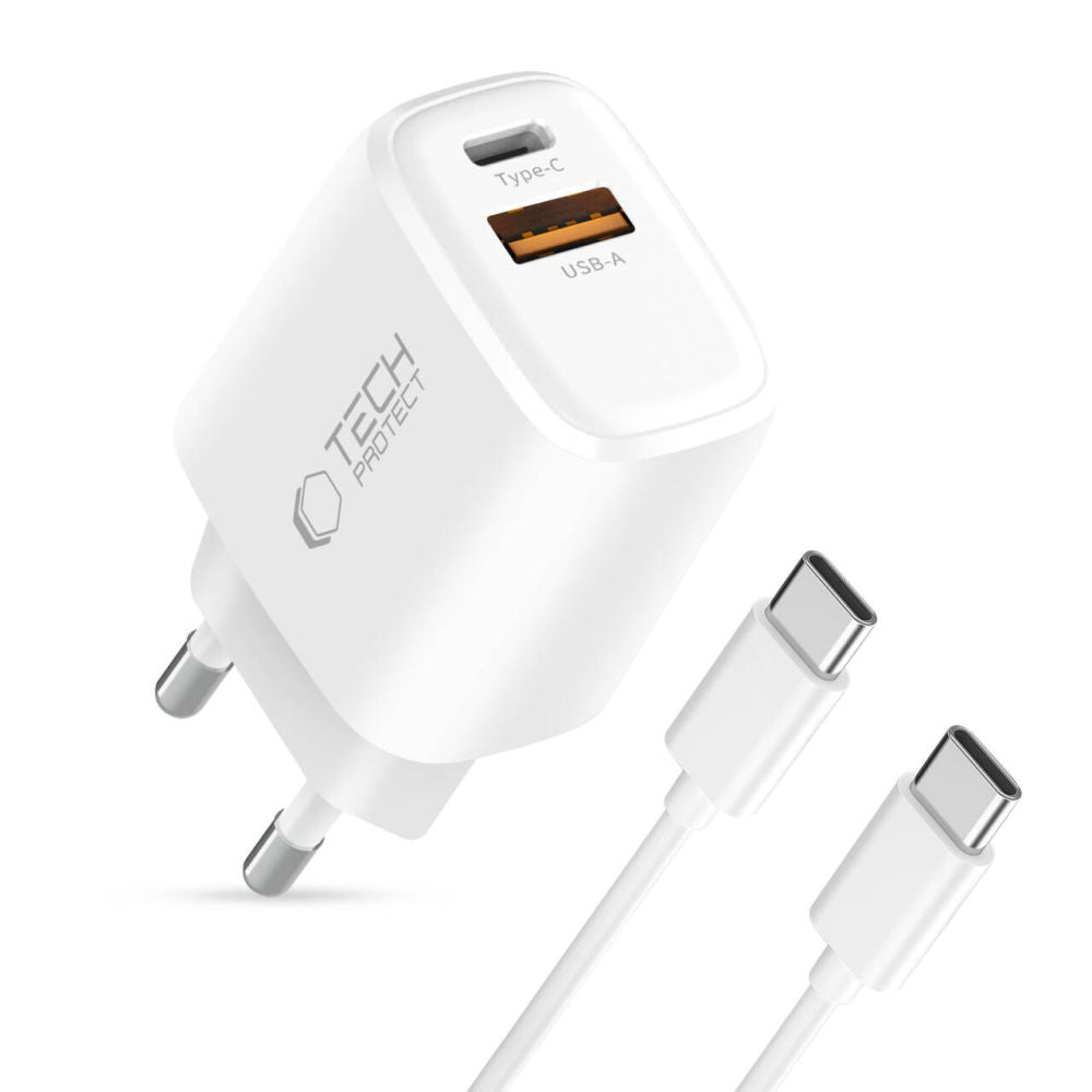 Tech Protect Nca30 2 Port Netværksopladder Pd 30 W / Qc3.0 + Type C Kabel Hvid