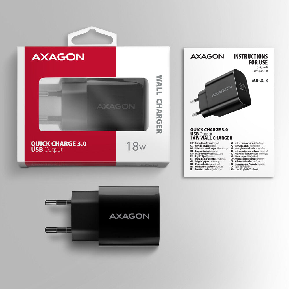 Axagon ACU-QC18 oplader til mobil enhed Mobiltelefon, Strømbank, Smartphone, SmartWatch, Tablet, Universel Sort Vekselstrøm Hurtig opladning Indendørs