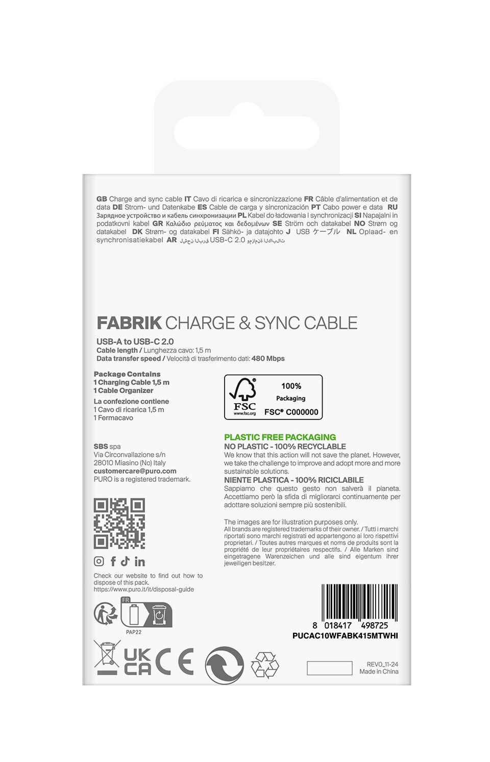 PURO PUCAC10WFABK415MTWHI USB-kabel USB 2.0 1,5 m USB A USB C Hvid