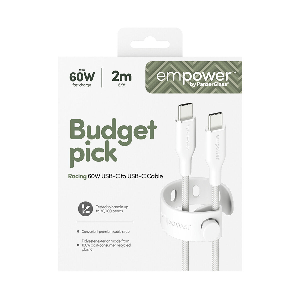 PanzerGlass empower™ by ® Racing 60W USB-C to USB-C Kabel | USB 2.0 | 2M | Silver White