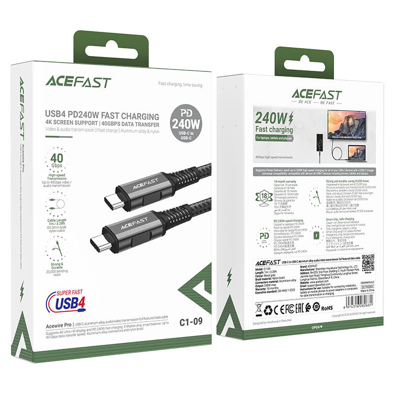 ACEFAST C1-09 USB-kabel 1 m USB C 40 Gbit/sek. 240 W Sort, Grå