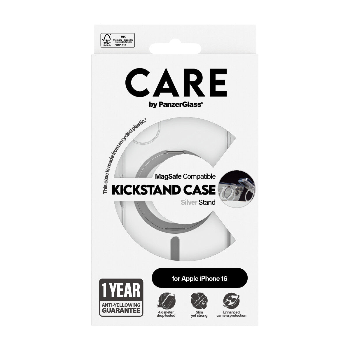 PanzerGlass CARE™ by ® Case Transparent m. Sølv Kickstand & MagSafe iPhone 16