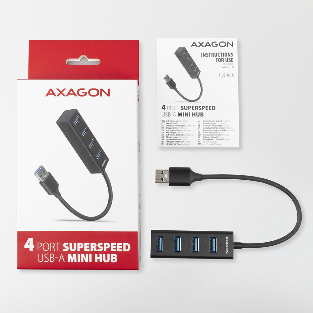 Axagon HUE-M1A interface hub USB 3.2 Gen 1 (3.1 Gen 1) Type-A 5000 Mbit/s Sort