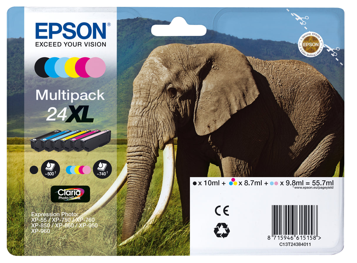 Epson Elephant C13T24384011 blækpatron 6 stk Original Højt (XL) udbytte Sort, Blå, Lys cyan, Magenta, Lys magenta, Gul
