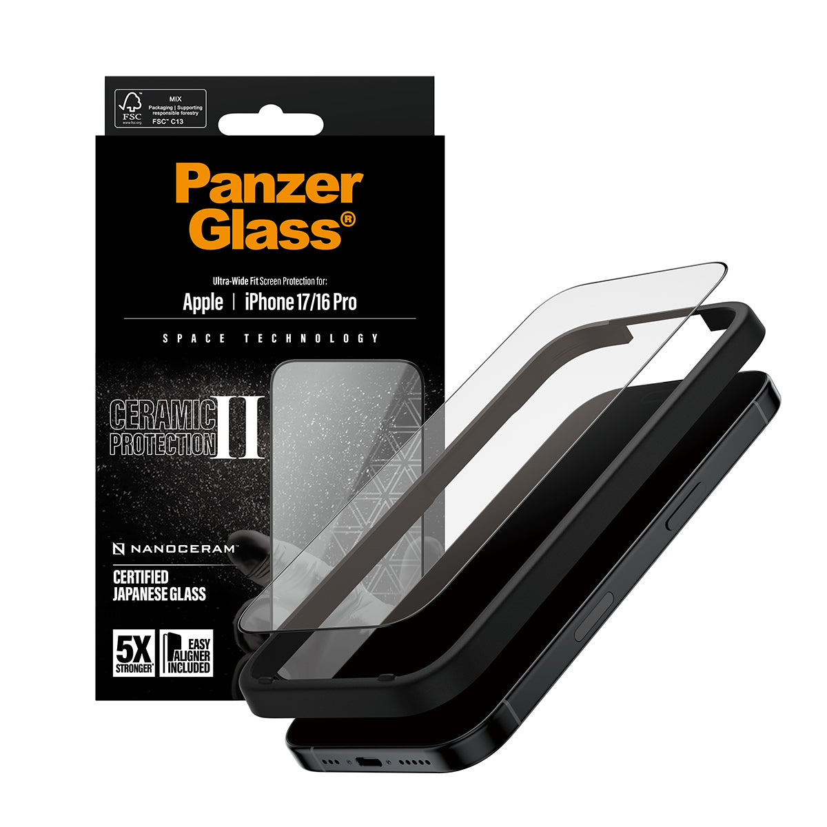 PanzerGlass ® Ceramic II Skærmbeskyttelse iPhone 17 | iPhone 16 Pro | Ultra-Wide Fit m. EasyAligner
