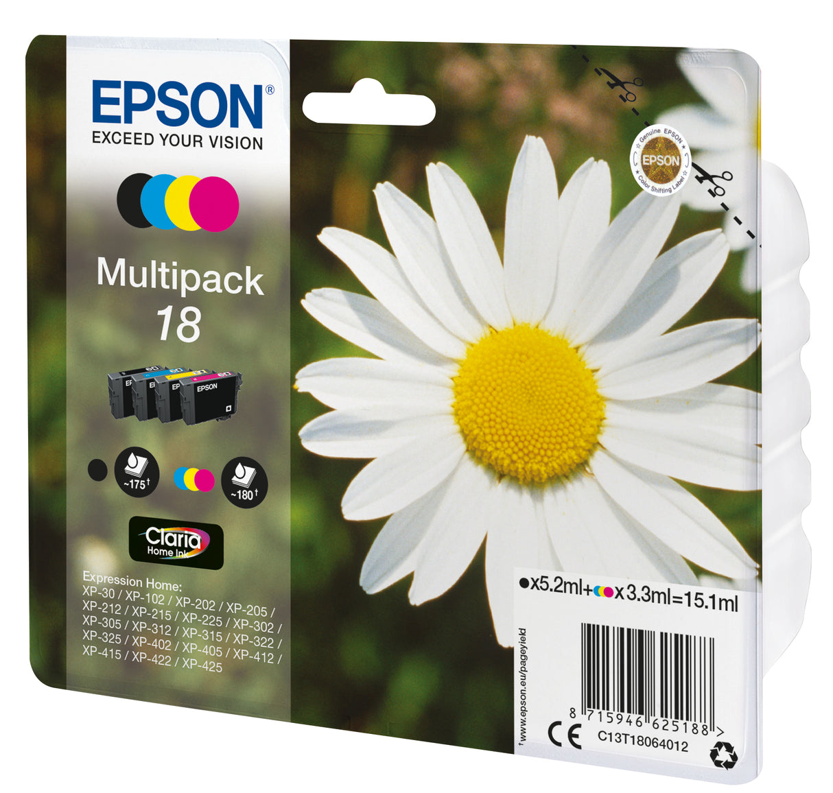 Epson Daisy C13T18064012 blækpatron 1 stk Original Standard udbytte Sort, Blå, Magenta, Gul