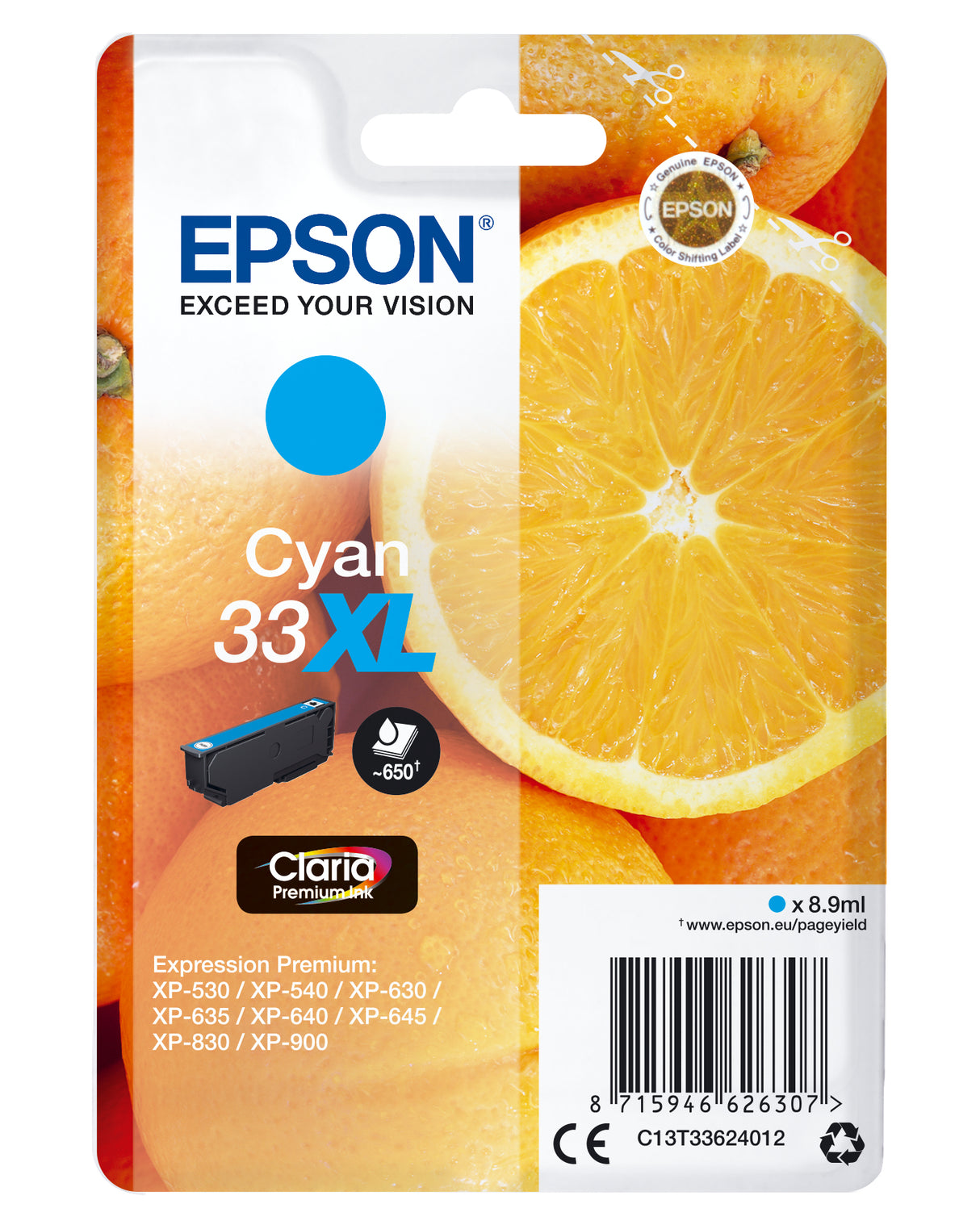 Epson 33XL Cyan 650 sider Blæk C13T33624012