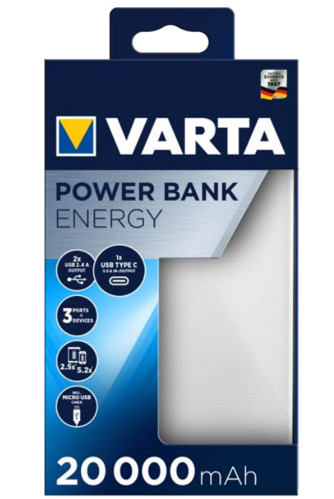 Varta Energy Powerbank 20000mAh 15Watt 2xUSB-A 1xUSB-C Hvid