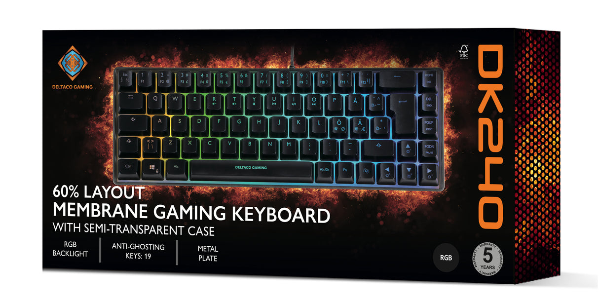 Deltaco Gaming DK240 60% keyboard, semi transparent case bla