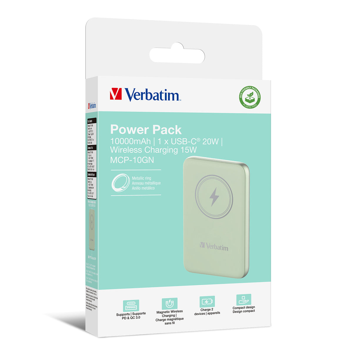 Verbatim Charge 'n' Go Lithium polymer (LiPo) 10000 mAh Trådløs opladning Grøn