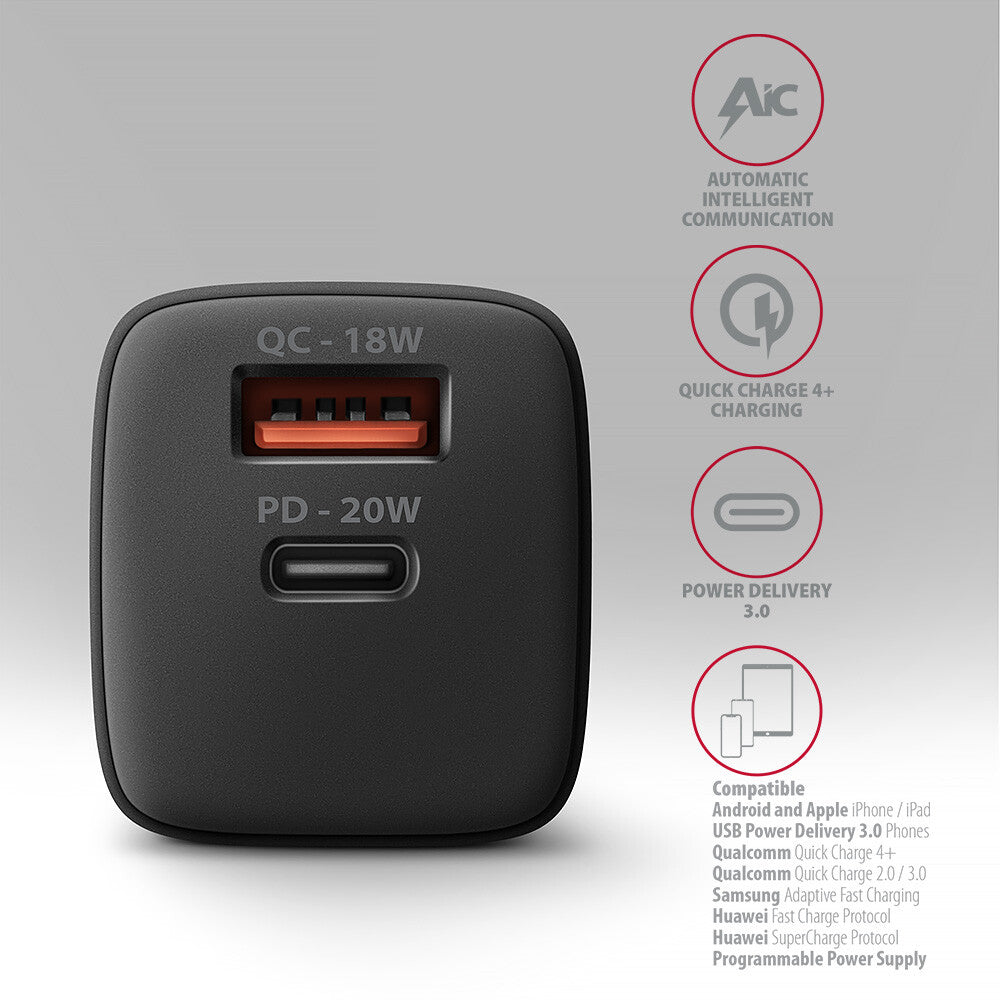 Axagon ACU-PQ20 wall charger QC3.0/AFC/FCP+ PD type-C 20 W - schwarz - USB Typ C Mobiltelefon, Smartphone, SmartWatch, Tablet, Universel Sort Vekselstrøm Hurtig opladning Indendørs