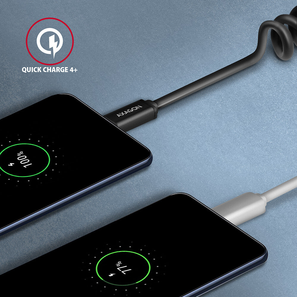Axagon Data and charging USB 2.0 cable 1.1 m long. PD 60W, 3A. Black twisted. USB-kabel 1,1 m USB C 0,48 Gbit/sek. Sort