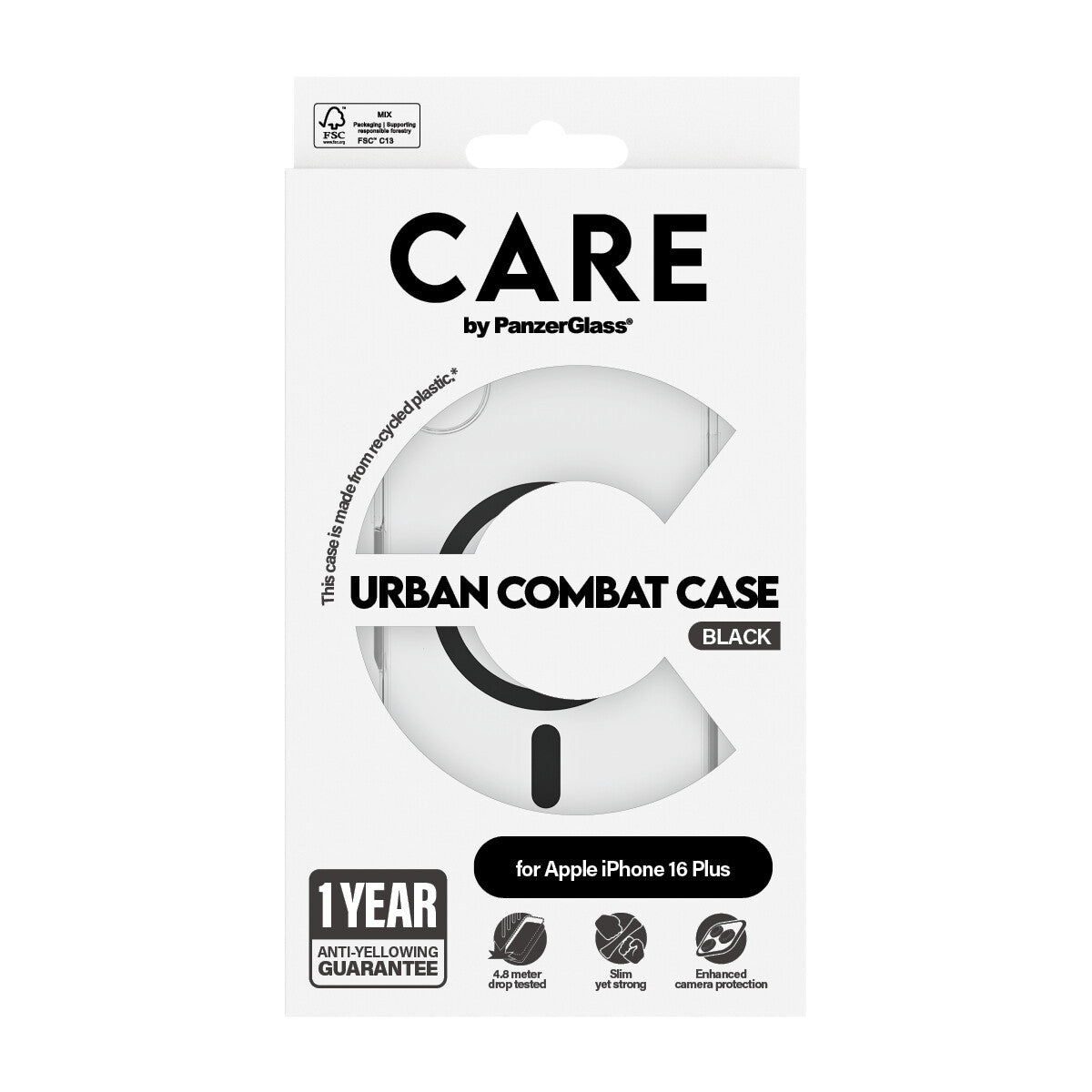 PanzerGlass CARE™ by ® Urban Combat Case Transparent m. Sort MagSafe iPhone 16 Plus