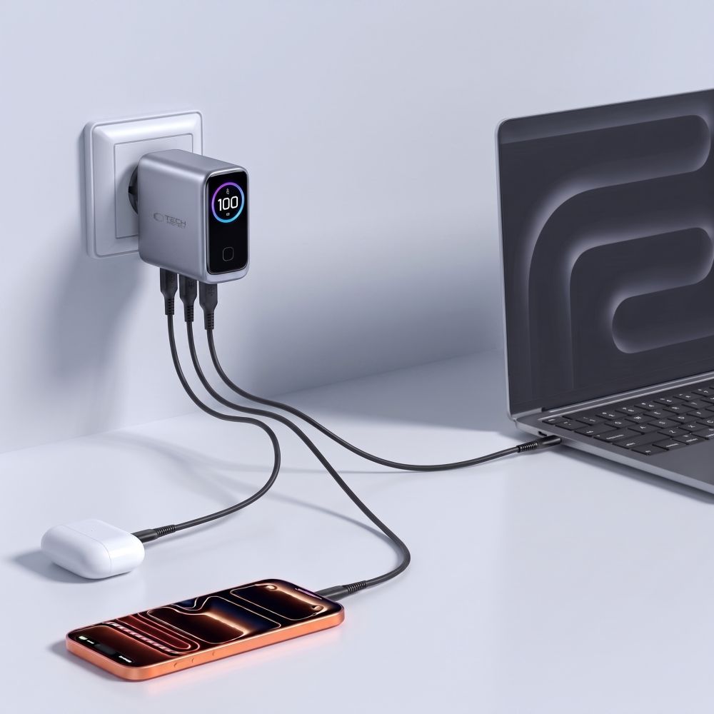 Tech Protect Powervision Nc100 W Gan 3 Ports Netværksopladder Pd 100 W / Qc3.0 Mørkegå