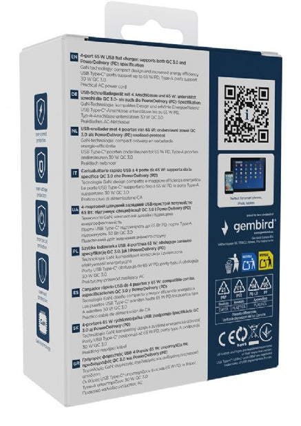Gembird TA-UC-2A2C-PD65-01-BK oplader til mobil enhed Laptop, Smartphone Sort Vekselstrøm Hurtig opladning Indendørs