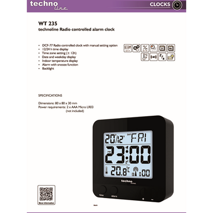 Technoline WT 235, sort - Radiostyret digitalt vækkeur