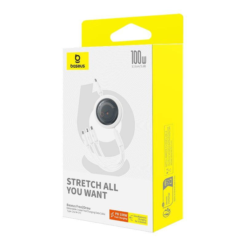 Hurtig opladningskabel 3in1 Baseus Free2Draw USB-C til USB-C/Lightning/Micro 100W, 1,1m (hvid)