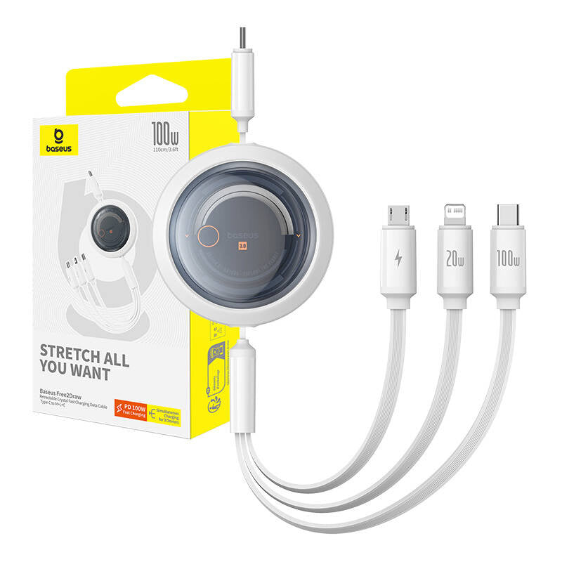 Hurtig opladningskabel 3in1 Baseus Free2Draw USB-C til USB-C/Lightning/Micro 100W, 1,1m (hvid)