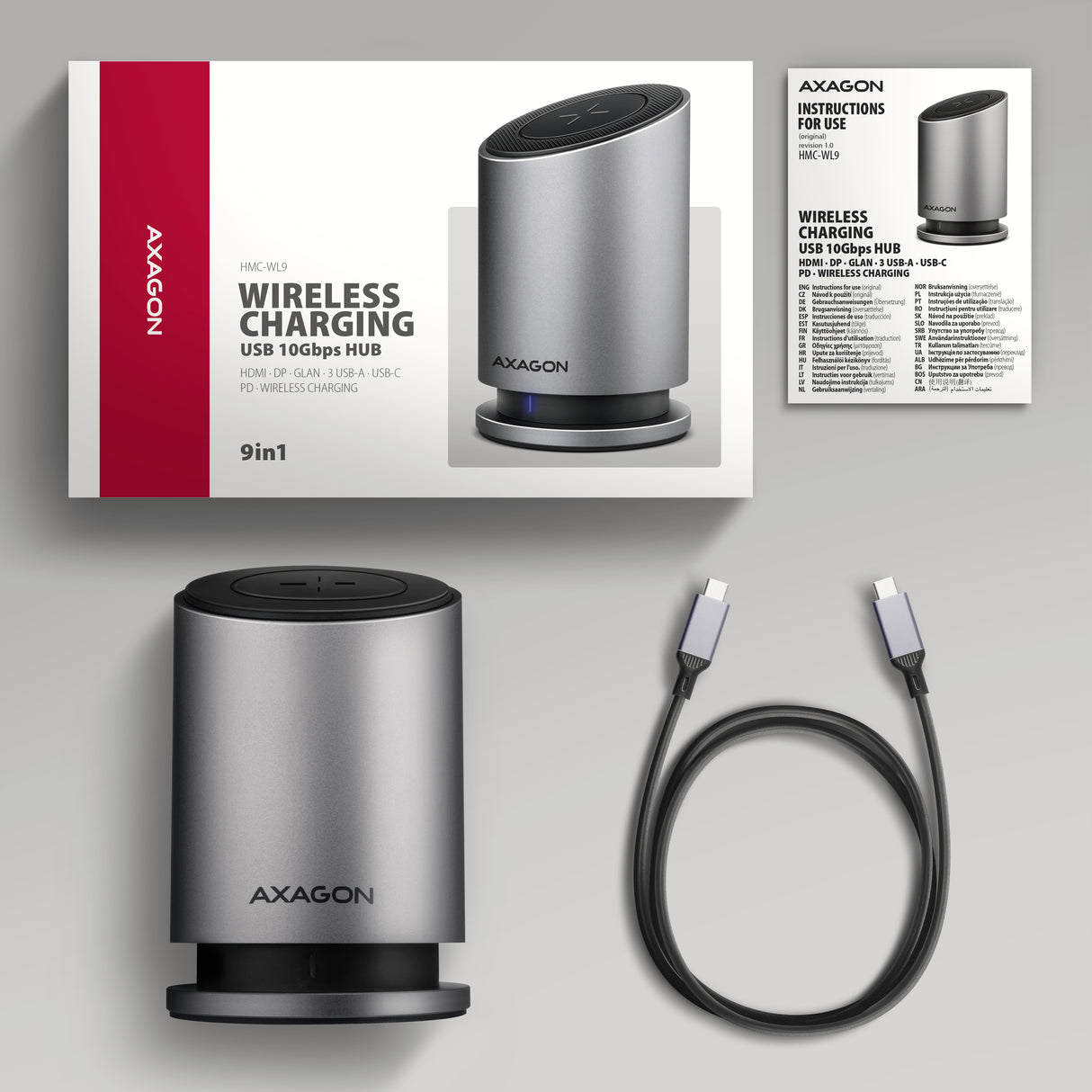 Axagon HMC-WL9 dockingstation Ledningsført USB 3.2 Gen 2 (3.1 Gen 2) Type-C Grå