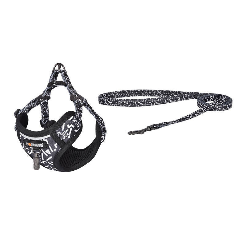 Dogs walking set leash 1,5m+harness til hunde (sort og hvidt)