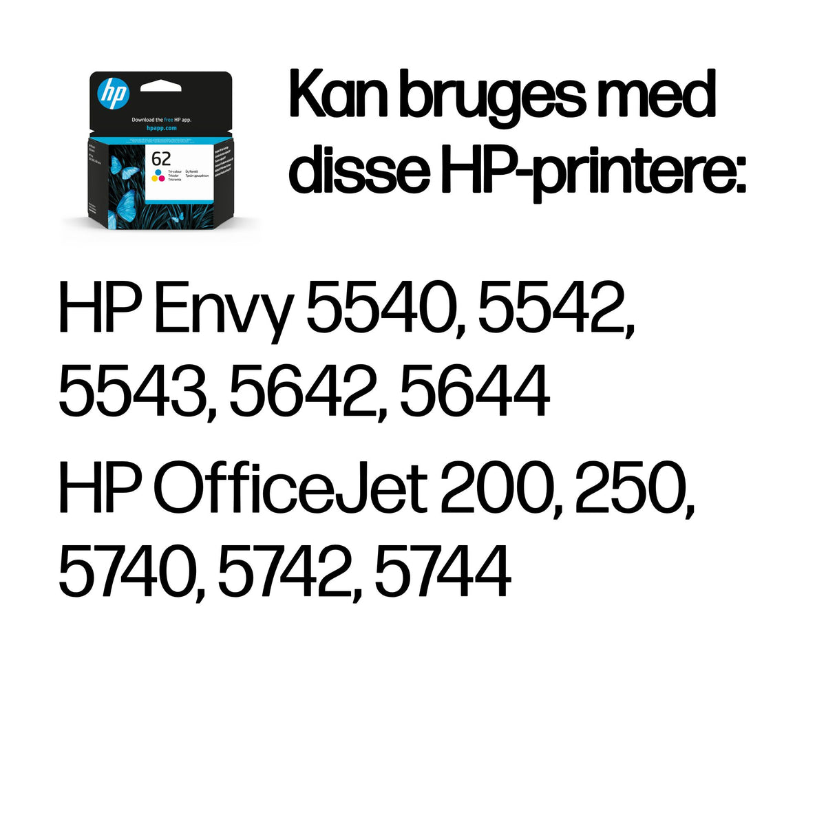 HP 62 Farve (cyan, magenta, gul) 165 sider Blæk C2P06AE
