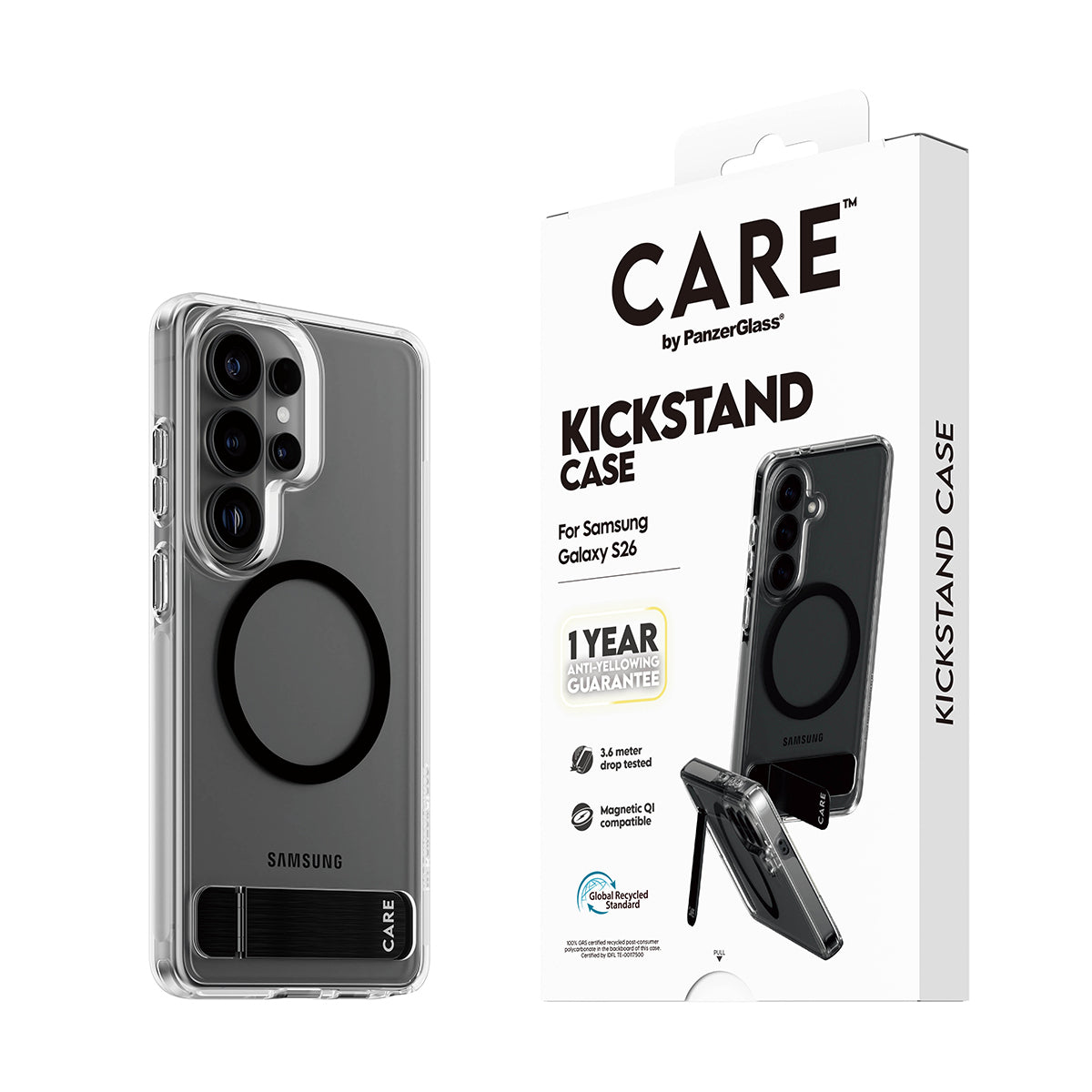 CARE by PanzerGlass Urban Explorer Case Transparent w. Black Kickstand & Qi Samsung Galaxy S26