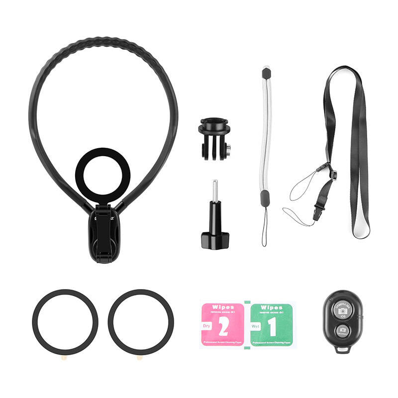 POV PULUZ halsbånd med tilkobling til sportskameraer (DJI, GoPro, Insta360) og telefoner (Apple) (sort)