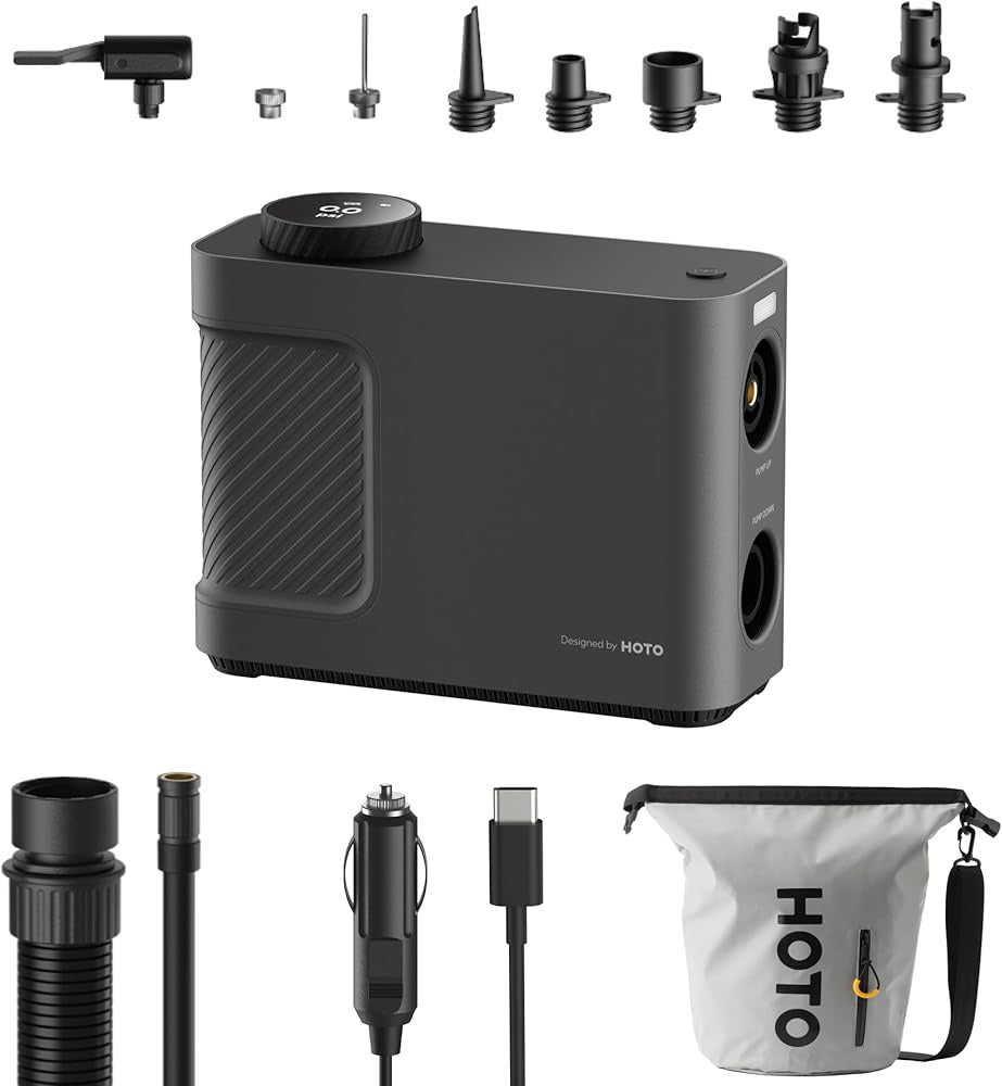 Bærbar kompressor, pumpe HOTO QWCQB002 (3x 2500 mAh, 150 PSI, 350 L, 12 V)