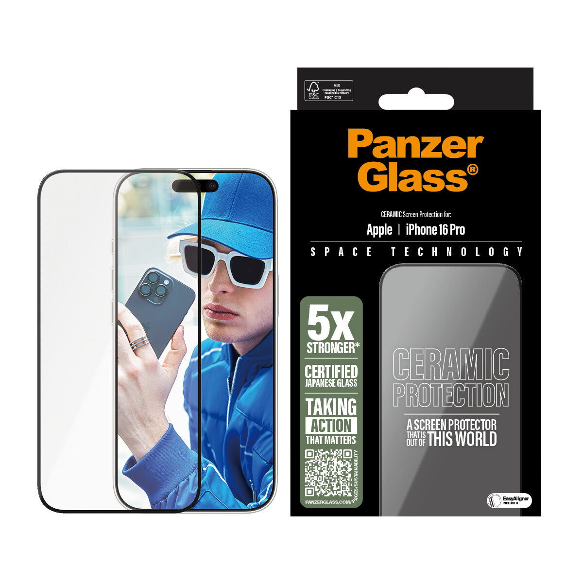 PanzerGlass ® Ceramic Skærmbeskyttelse iPhone 16 Pro | Ultra-Wide Fit m. EasyAligner