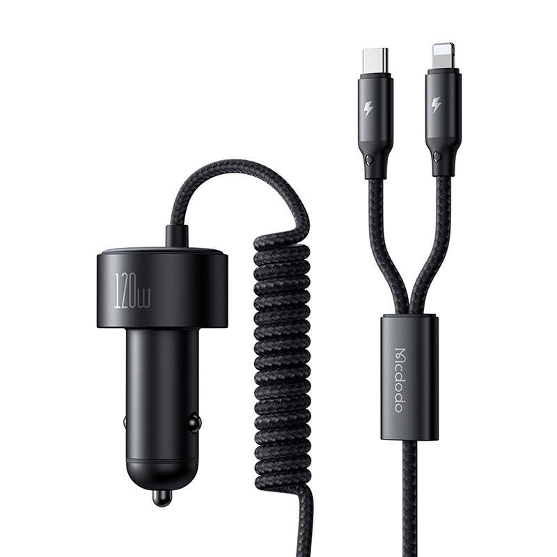 Mcdodo CC-0370 biloplader, USB-C, Lightning, 120W, indtrækbare kabler