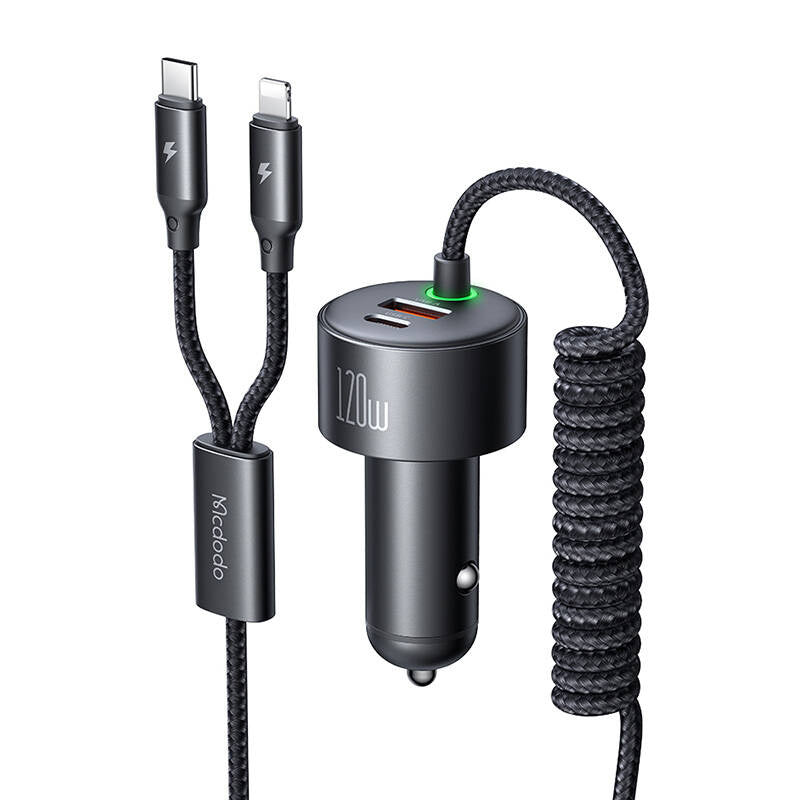 Mcdodo CC-0370 biloplader, USB-C, Lightning, 120W, indtrækbare kabler