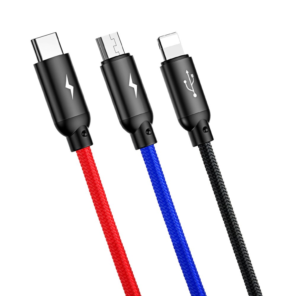 Baseus Tre Primærfarver 3in1 USB-A - mikro USB / Lightning / USB-C 3.5A kabel 1,2 m - sort
