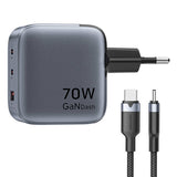 GaN Vention USB-C+C+A 70W oplader + USB-C-C kabel 1m (grå)