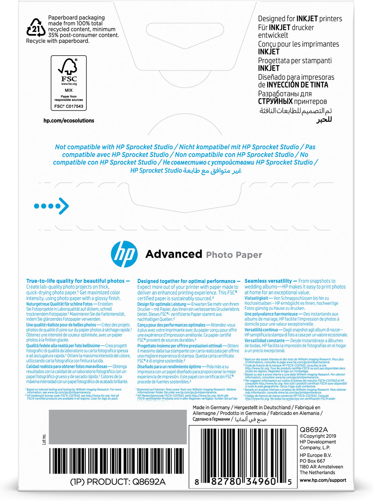HP Advanced-fotopapir, blankt, 250 g/m2, 10 x 15 cm (101 x 152 mm), 100 ark