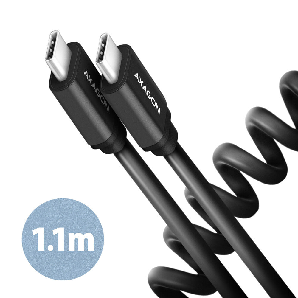 Axagon Data and charging USB 2.0 cable 1.1 m long. PD 60W, 3A. Black twisted. USB-kabel 1,1 m USB C 0,48 Gbit/sek. Sort