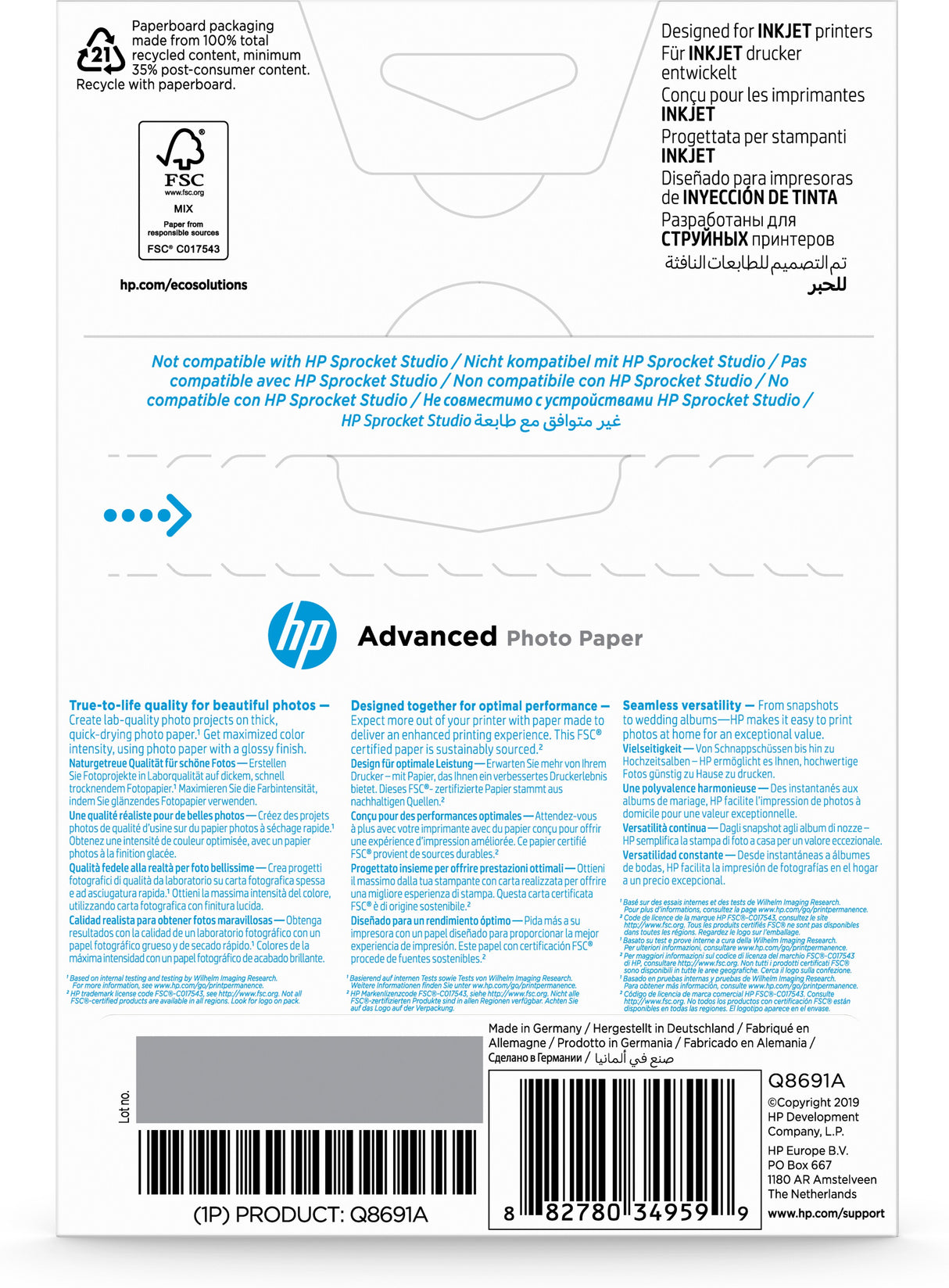 HP Advanced-fotopapir, blankt, 250 g/m2, 10 x 15 cm (101 x 152 mm), 25 ark