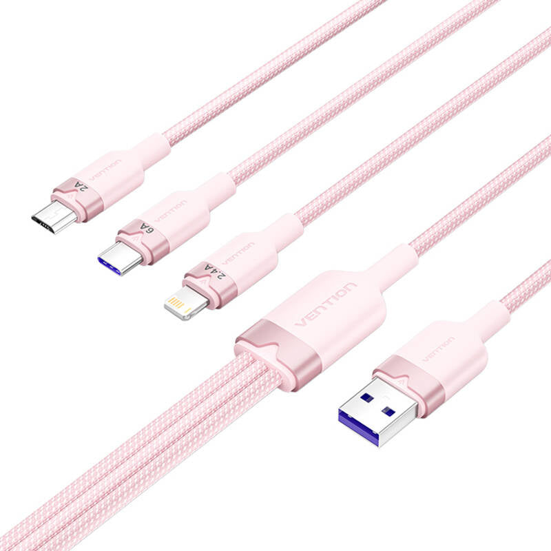 USB 2.0 A til 3-i-1 6A kabel Vention CTRPG 1.5M (rosa)