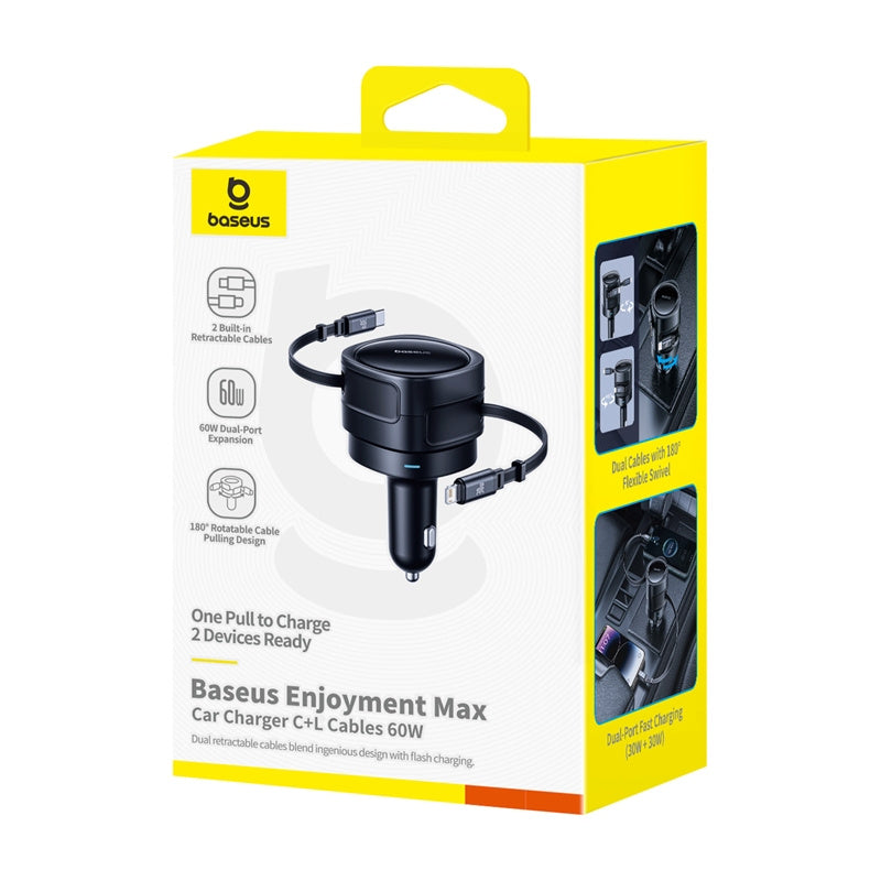 Baseus Enjoyment Max biloplader med USB-C + Lightning kabler 60W sort