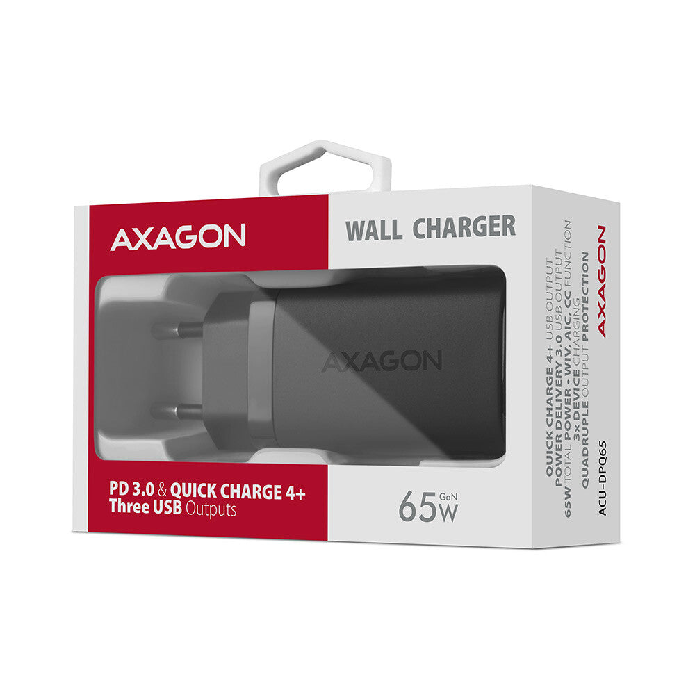 Axagon ACU-DPQ65 oplader til mobil enhed Mobiltelefon, Netbook, Laptop, Smartphone, SmartWatch, Tablet, Universel Sort Vekselstrøm Hurtig opladning Indendørs