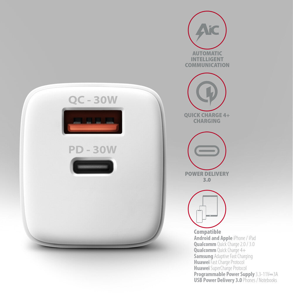 Axagon ACU-PQ30W Ladegerät QC3.0.4.0/AFC/FCP/PPS/Apple+ PD USB-C 30W - weiß - USB Typ C Mobiltelefon, Smartphone, SmartWatch, Tablet, Universel Hvid Vekselstrøm Hurtig opladning Indendørs