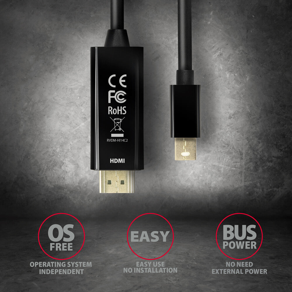 Axagon RVDM-HI14C2 Mini-DisplayPort zu HDMI Adapterkabel 4K/30 Hz 180 cm lang - Kabel - Digital/Display/Video 1,8 m Mini DisplayPort Sort